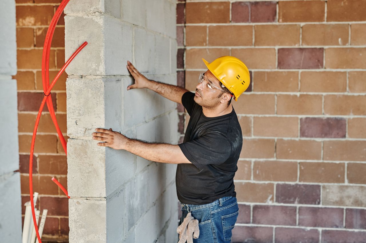 services-img-01 Man in hard hat checks brick wall in indoor construction site.