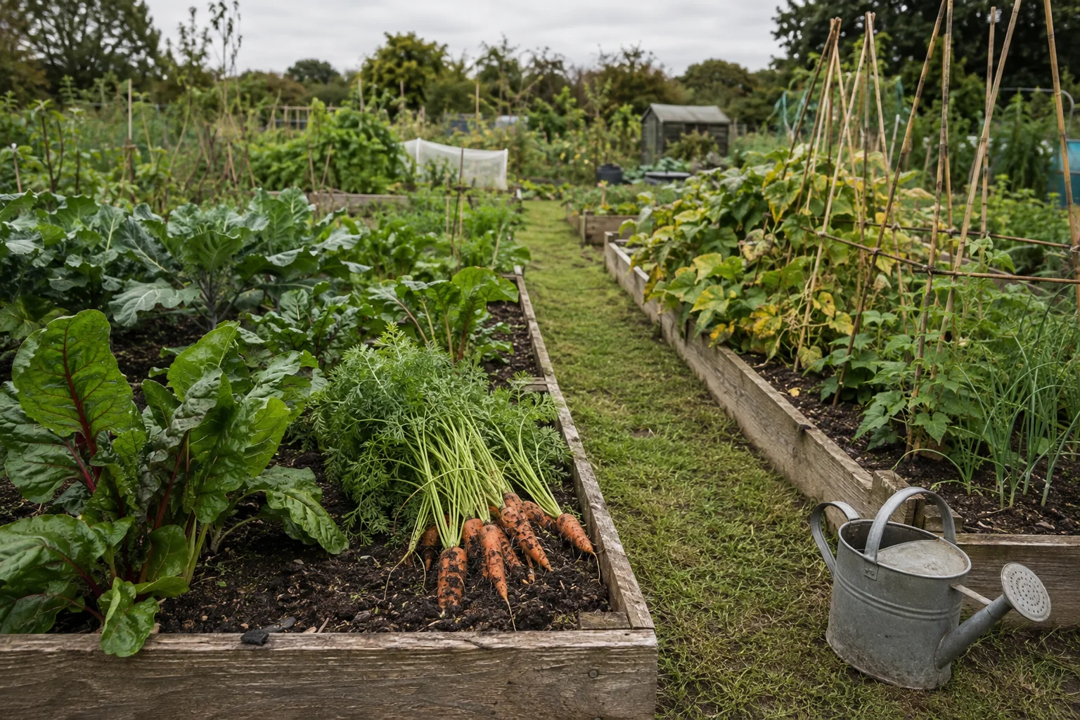 Individual vegetable beds beside a shared allotment path, with harvested carrots and a watering can